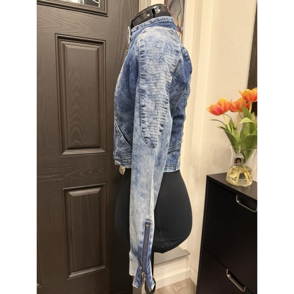 Rare Vintage Y2k Acid Wash Denim Asymmetrical Jacket Wow Couture Size S - Picture 3 of 7